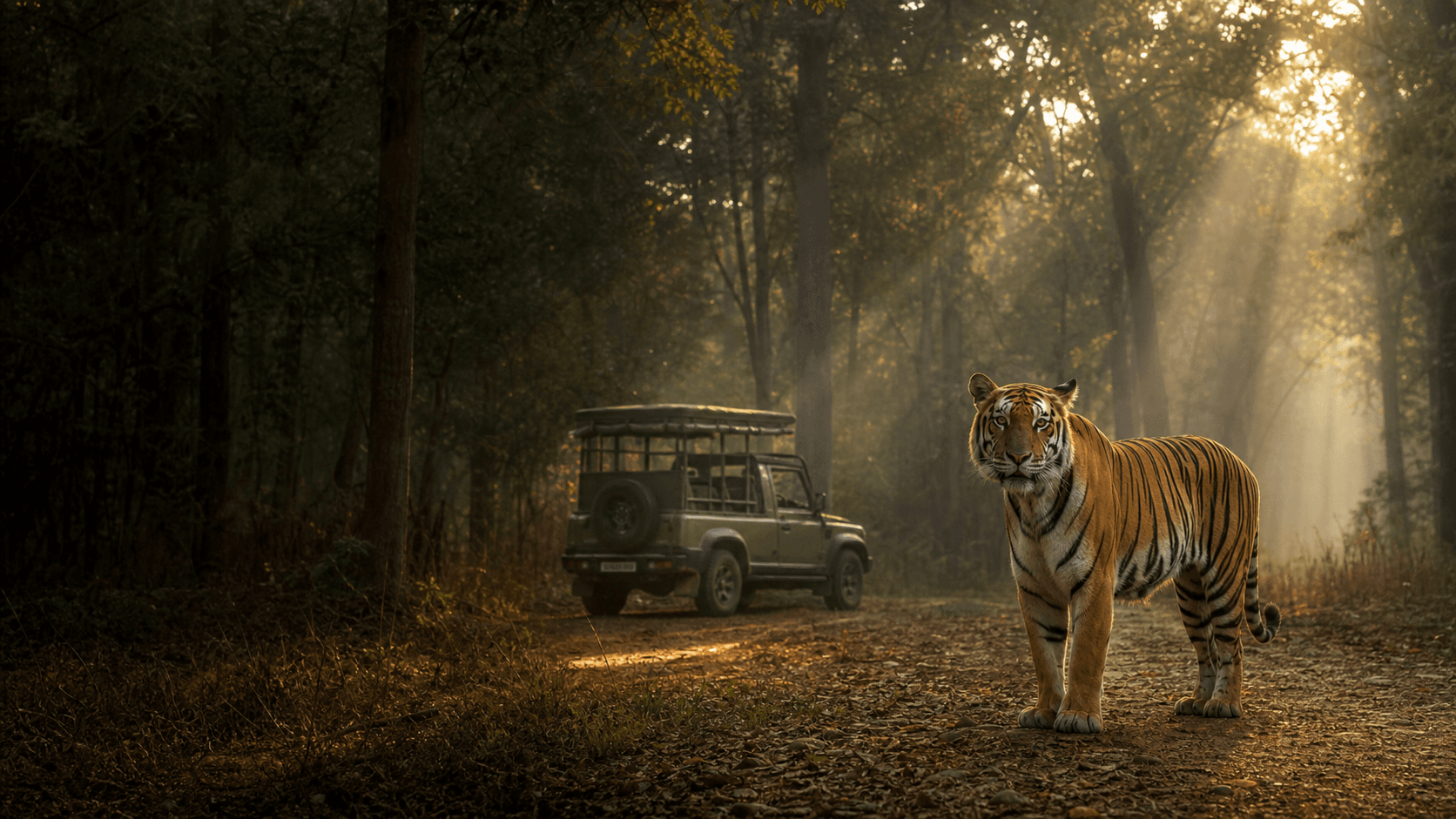Tiger beside a safari vehicle in a central Indian forest
